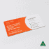 A rectangular, double-sided business card featuring orange and white colours, with contact details and a logo.