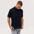 A navy blue polo shirt with a collar and short sleeves, featuring a logo on the chest.