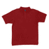 A red polo shirt featuring a collar, short sleeves, and a branded logo.