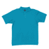 A turquoise polo shirt with a collar and buttons, featuring a logo on the chest.