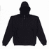 A black zip-up hoodie with a hood and front pockets, featuring a logo on the inside tag.