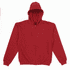 A red zip-up hooded sweatshirt featuring a front pocket and adjustable drawstrings on the hood.