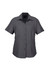 A short sleeve button-up shirt in grey with a collar and a logo on the chest.
