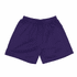 A pair of purple shorts with an elastic waistband and a smooth fabric. The item has a logo on one side.