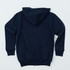 A navy blue hooded zip sweatshirt with a kangaroo pocket and long sleeves, featuring a brand logo.