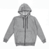 A grey zippered hooded sweatshirt with a front pocket and drawstrings on the hood, featuring a logo.