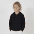 A black zip hoodie for youth featuring a front zip and two pockets, styled casually with a hood.