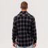 A black and grey checked flannel long sleeve shirt, viewed from the back, featuring a logo.