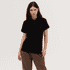 A black women's polo shirt displayed on a model, featuring a collar and short sleeves. The shirt has a branding logo.
