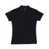 A black women's polo shirt with a collared neckline and short sleeves, featuring a logo on the chest.