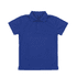 A blue youth polo shirt with a classic collar and a small branding logo on the label.