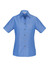 A women's short sleeve button-up shirt in light blue chambray fabric, featuring a single chest pocket and a branded logo.