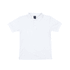 A white polo shirt featuring a collar and a four-button placket, with a logo on the chest area.