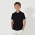 A youth polo shirt in black, styled with a collar and short sleeves, featuring a logo on the chest.