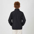 A youth weather jacket in black viewed from the back, featuring a sleek, minimal design and a collar.