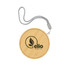 A round bamboo wireless charger with a grey strap and an embossed logo.