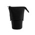 A black canvas expandable pencil case with a zip closure and adjustable design. It features a logo on the surface.