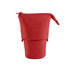 A red canvas expandable pencil case with a zip closure and an additional flap for extra storage. Features branding.