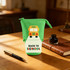 A green expandable pencil case featuring a school bus design and the text "Back to School," placed on a wooden desk.