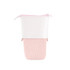 A pink and white expandable pencil case featuring a zip closure and textured fabric. It has a logo.