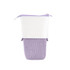 An expandable pencil case in lavender and white, featuring a zipper closure and a textured design.