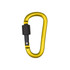 A D-shaped yellow screw lock keychain with a black locking mechanism and a textured grip. It has a logo.