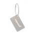 A brushed aluminium luggage tag with a silver finish and a wire attachment. Features a sleek, minimalist design.