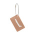 A brushed aluminium luggage tag with a plane design, attached with a metal loop. The tag has a warm, copper tone.