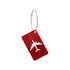 A red luggage tag featuring a white airplane design and a metal attachment cable.