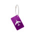A purple luggage tag with a white airplane design and a metal wire attachment.