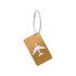 A gold luggage tag with a white airplane design and a metal wire attachment. Includes branding on the tag.