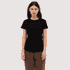 A black women's essential tee with a classic fit, paired with brown pants. The design features a logo on the shirt.