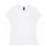 A white women's surf/essential tee shirt with a round neckline and a logo at the neck.