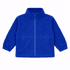 A blue polar fleece full zip jacket featuring a high collar and side pockets, with elasticated cuffs. It has a logo.