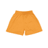 Youth Core Shorts in bright orange with an elastic waistband and a loose fit. Features branding on the shorts.