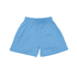 Light blue youth shorts with an elastic waistband and a logo on the front.