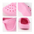 Pink pet clog slides featuring ventilation holes, a sturdy sole, and a back strap. Includes various angles of the product.
