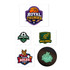 A collection of stickers featuring sports team logos in various colours, including a basketball, soccer, and rugby themes.