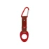 A drink bottle holder featuring a red carabiner clip and a brown strap, with a circular opening for the bottle.