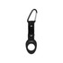 A drink bottle holder in black with a carabiner clip, featuring a rubber ring for securing the bottle.