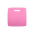 A pink stadium seat cushion with a handle, featuring a smooth surface and square design.