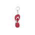 A red and white thongs-shaped keychain with a metal keyring. Features a logo on the product.