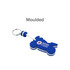 A blue EVA floating keychain shaped like a vehicle, featuring a branding logo and a white cord attachment.