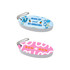 A floating keychain in blue and pink with tropical designs and a decorative chain. Features a logo.