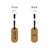 A cork keyring in an oval shape with a black cord and metal ring, featuring logos on both sides.