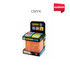 A colourful squishy stress relief cube displayed in a clear box with a logo on the packaging.
