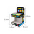 A squishy stress relief cube in a clear display box, featuring bright colours and dimensions printed on the sides.