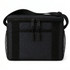 A black tote bag with a zippered top, featuring mesh side pockets and a shoulder strap. It has a simple logo.