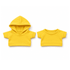 A set of bright yellow pet shirts, one with a hood and another short-sleeved. Each shirt features a simple design.