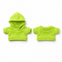 Two bright green plush toy outfits, one with a hood and the other a short-sleeve shirt.